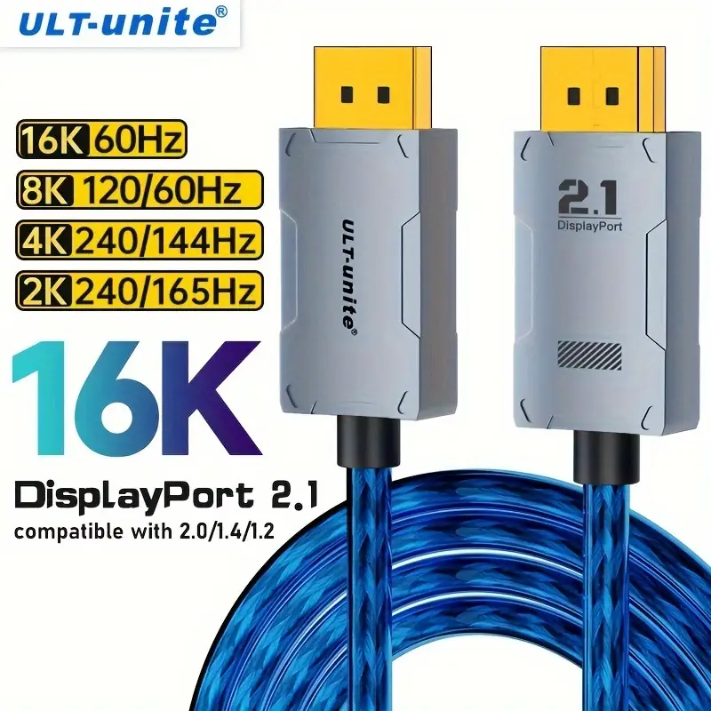 کابل دیسپلی پورت گیمینگ 2.1 حرفه‌ای | 16K 60Hz, 8K 120Hz Ultra HD Gaming برای PC و لپ‌تا